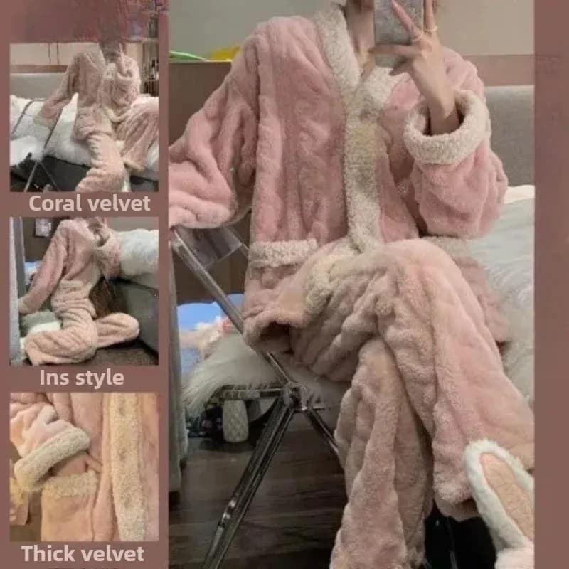 Pyjama en molleton de corail pour femme, épais, doublé de polaire, gracieux, pour Couple en ligne, e