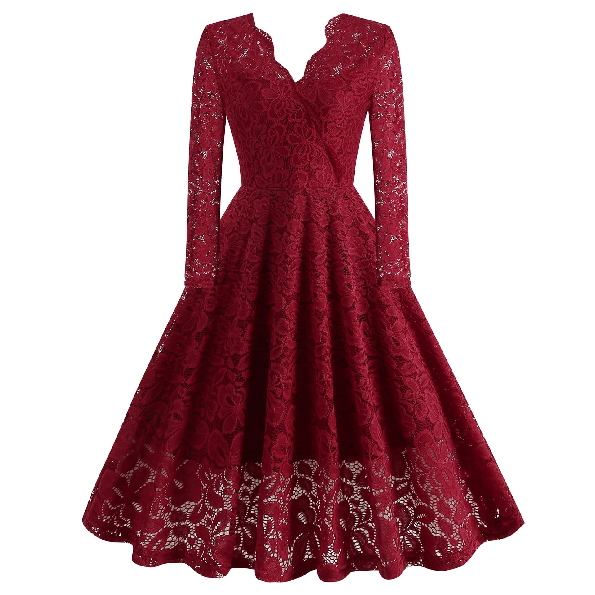 [You're My Secret] Robe vintage en dentelle rouge pour femme, élégante, col en V, broderie florale, 