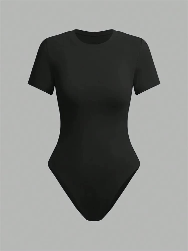 Body basique à manches courtes pour femmes, couleur unie, col rond, moulant, barboteuse, chemisier, 