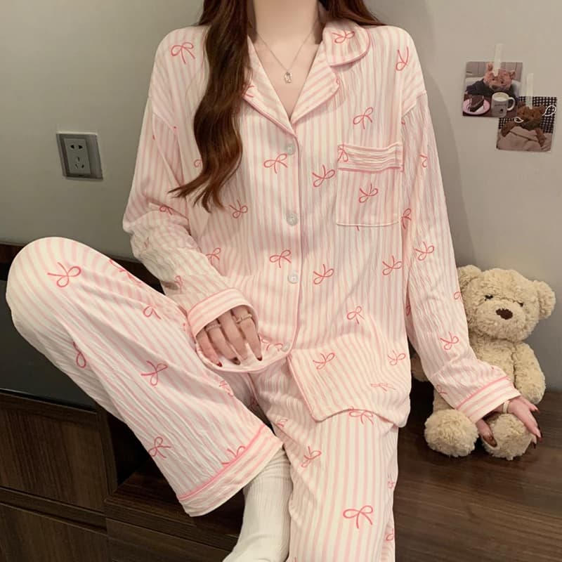 Nouvel ensemble de pyjama décontracté en tissu froissé à manches longues pour étudiantes et femmes, 