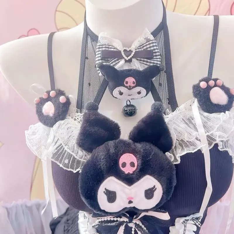 Ensemble Robe Lolita Japonaise Little Devil Kuromi en Dentelle, Style Papillon Pure Wind, Manches Co