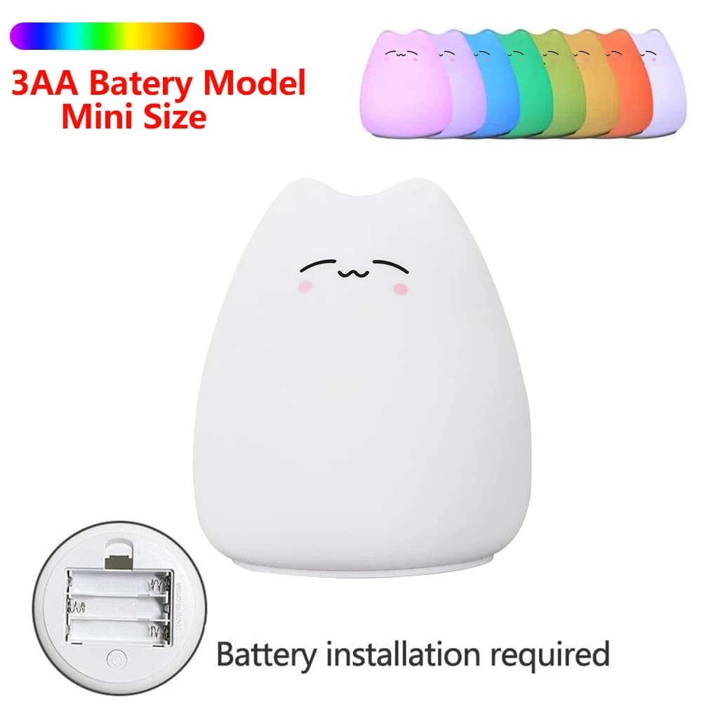 Veilleuse Chat Mignon pour Bébé et Enfant, Lampe de Nuit en Silicone, Capteur Tactile, Lampe de Tabl