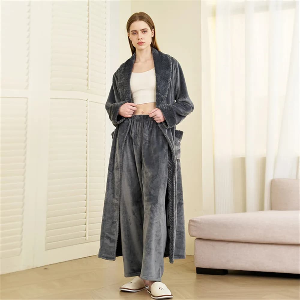 Pyjama épais en flanelle pour femmes, 2 pièces, Robe et pantalon pour Couple, ensemble hiver en velo