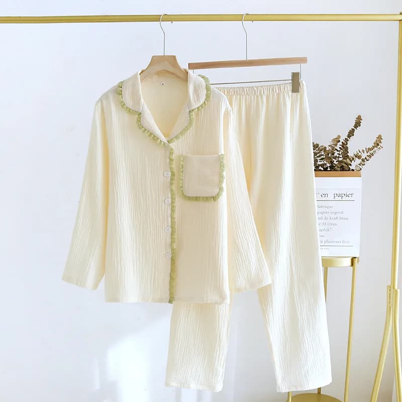 Pyjama d'été 2026 pour femme, ensemble en pur coton avec dentelle, cardigan ample à revers, vêtement
