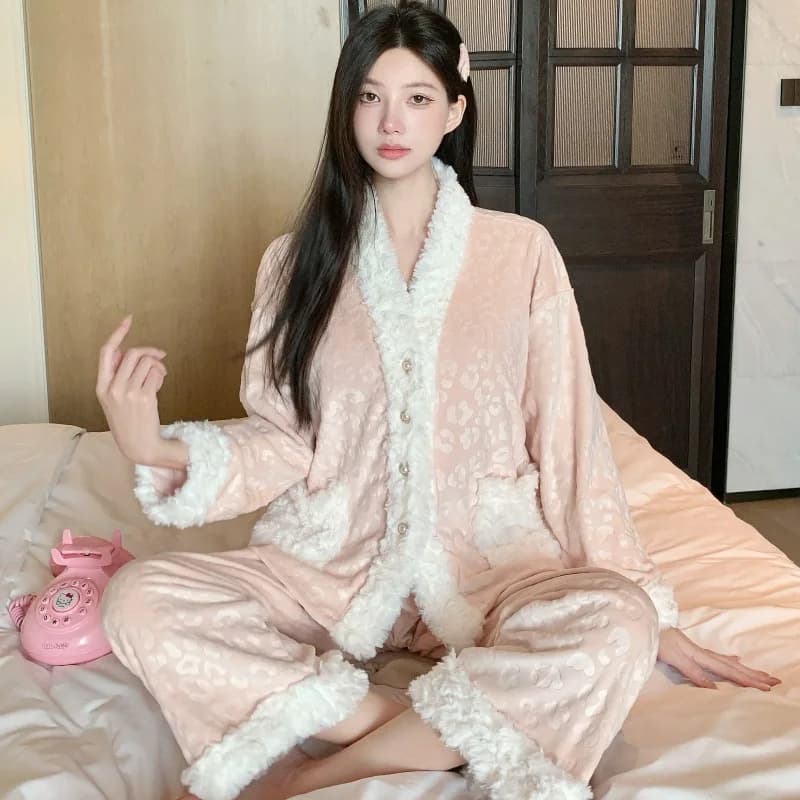 Pyjama Sexy pour femmes, ensemble 3 pièces en velours Double face, chaud, motif léopard, nouvelle co