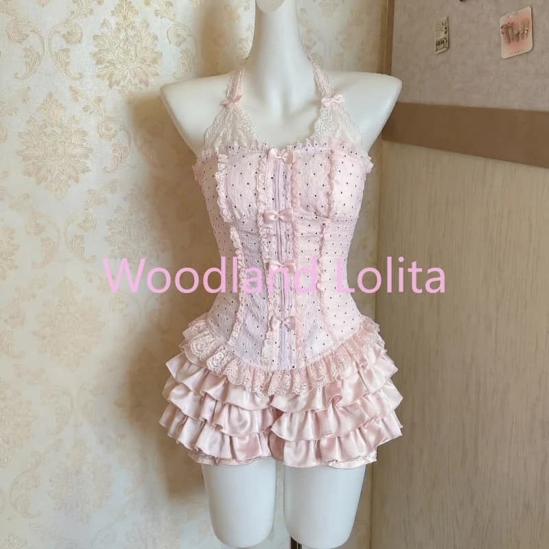 Ensemble 2 Pièces Princesse Lolita Douce pour Femme : Haut Corset en Dentelle avec Nœud et Mini-Jupe
