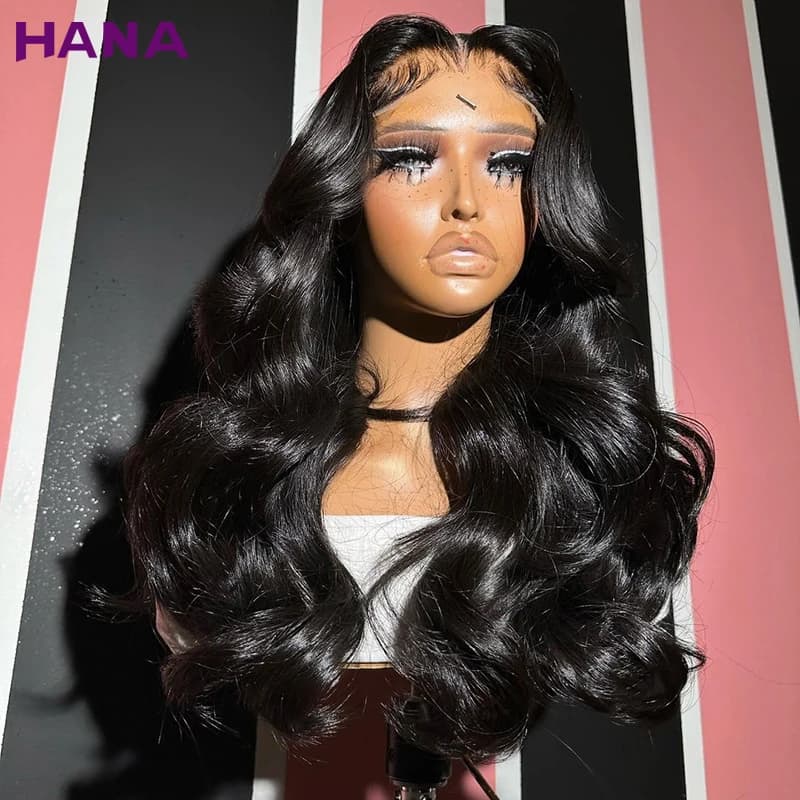 Perruque Lace Frontal Wig Body Wave naturelle Remy, cheveux naturels, couleur bleu nuit, Transparent