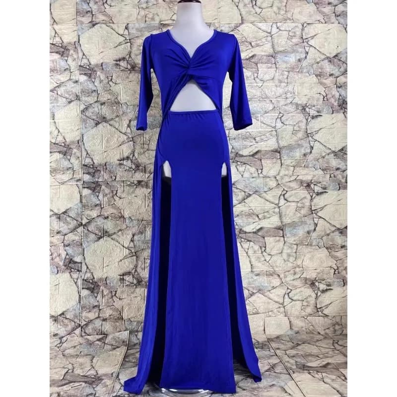 customized belly dance baby blue modal high stretch jumpsuit with sleeves long skirt Oriental dance 