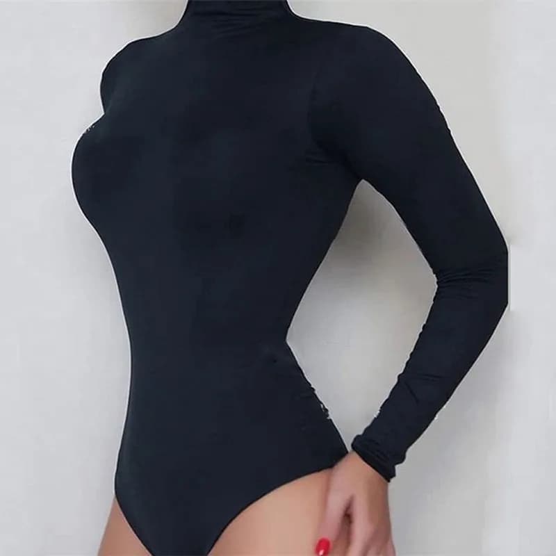 Body noir à manches longues pour femmes, automne hiver, col roulé, Sexy, moulant, taille haute, barb
