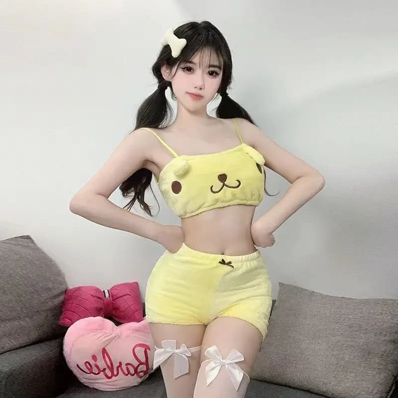 Ensemble de pyjamas 2 pièces Pompompurin Kuromi pour femme, vêtements de nuit en peluche sexy, débar
