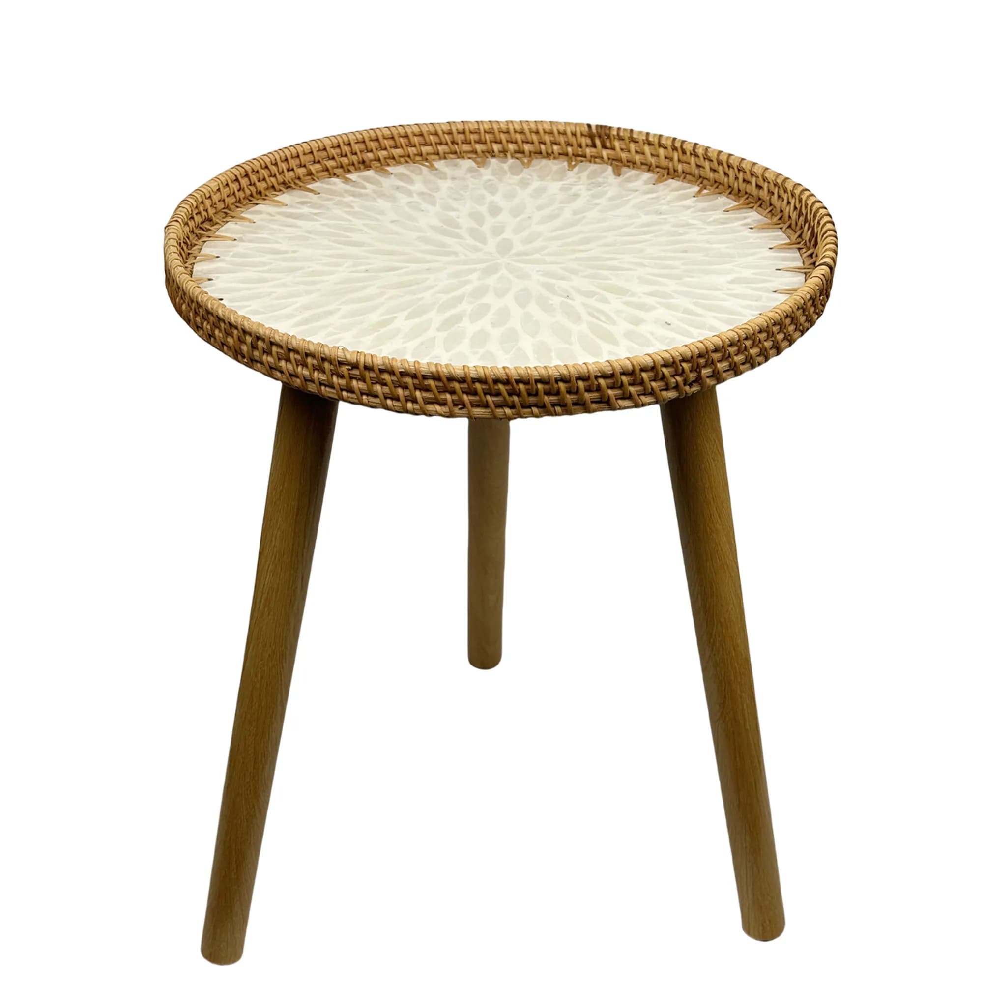 Table de bout ronde en rotin, table d'appoint Boho pour la salle de séjour avec incrustation en nacr