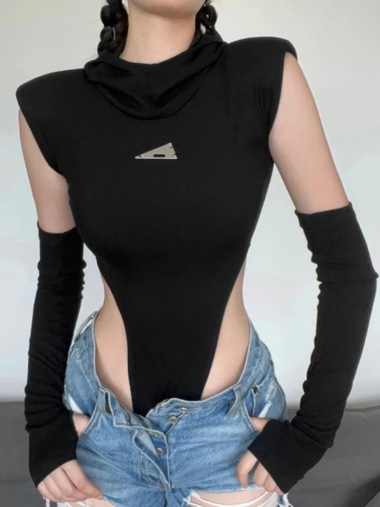 Body à capuche Lingerie Sexy corps Feminino haut noir femmes Rave tenue manches couverture une pièce