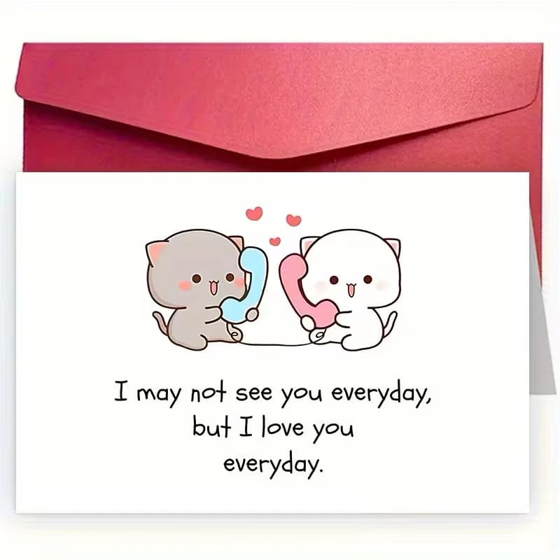 Carte de la Saint-Valentin avec enveloppe, chaton mignon sur téléphone, carte 'Je t'aime tous les jo