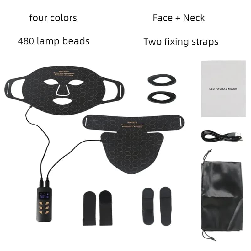 Masque facial à LED 4 couleurs avec cou, thérapie à la lumière rouge, proche infrarouge, matériau en