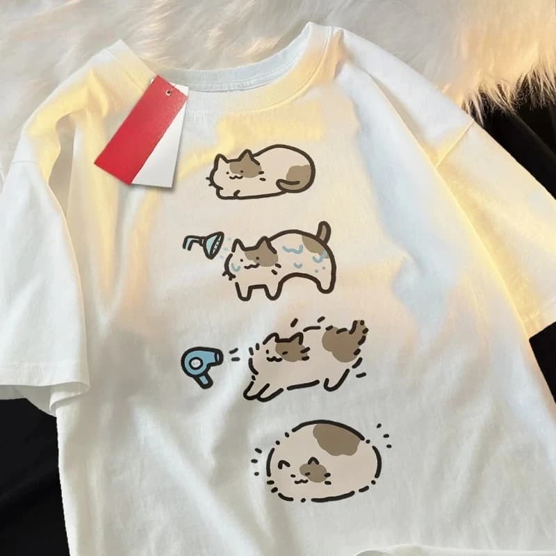 Bain chat mignon dessin animé T-shirt à manches courtes pour les femmes décontracté ample été respir