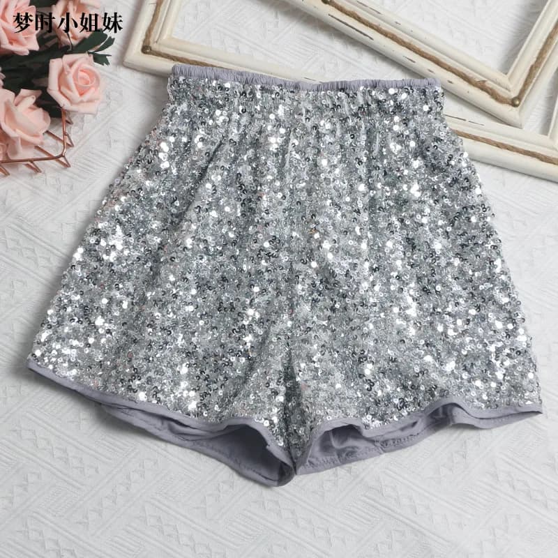 Shorts à paillettes taille haute coupe large élastique, style Y2K, décontracté et amincissant, haute