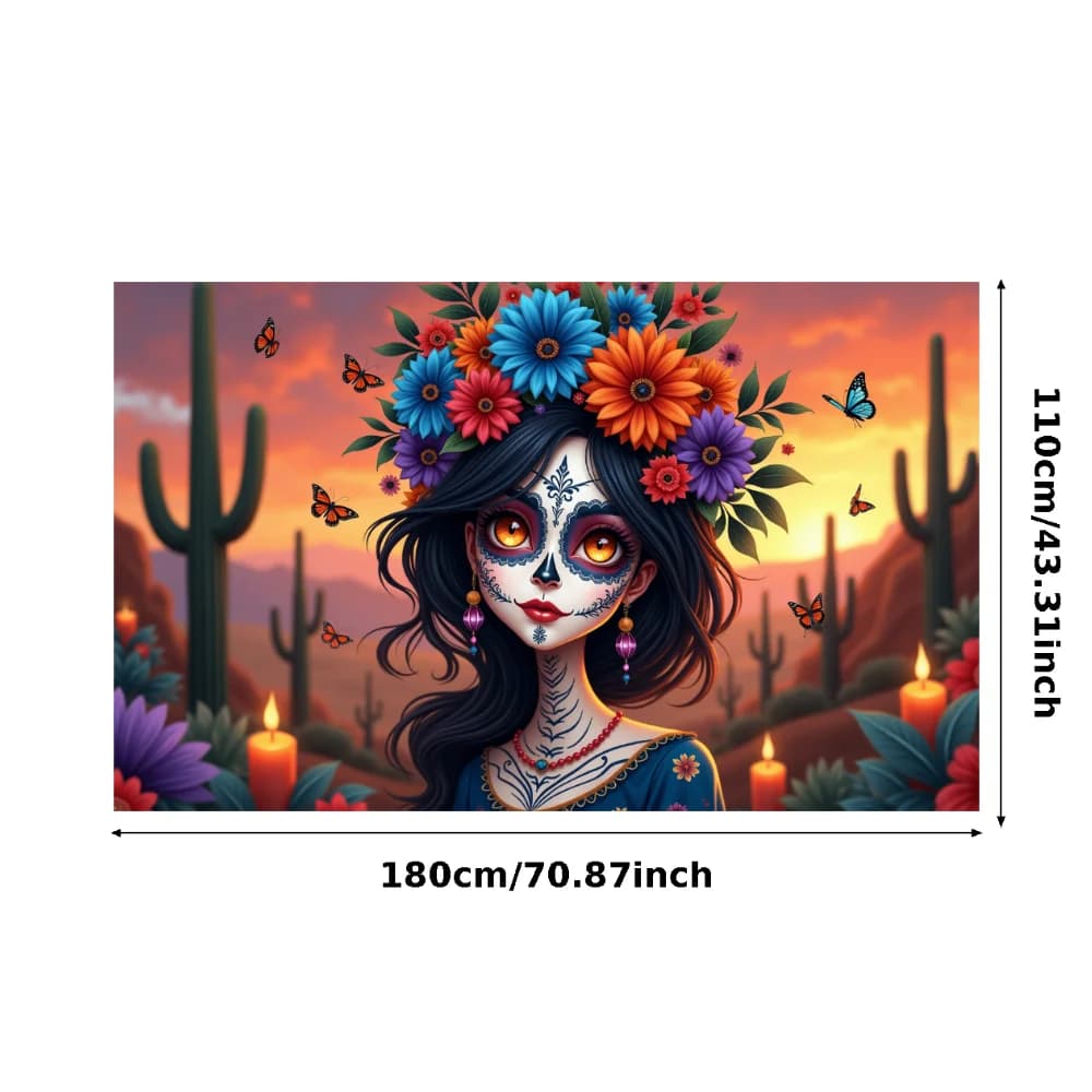 ​ Tissu de fond du jour des morts mexicain, décoration de fête à thème d'horreur, bannière de drapea