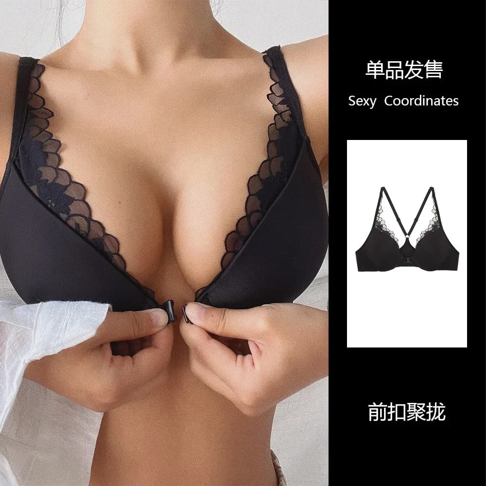 Soutien-gorge sexy à fermeture avant en dentelle, respirant, fin, ajouré, push-up, lingerie sans cou