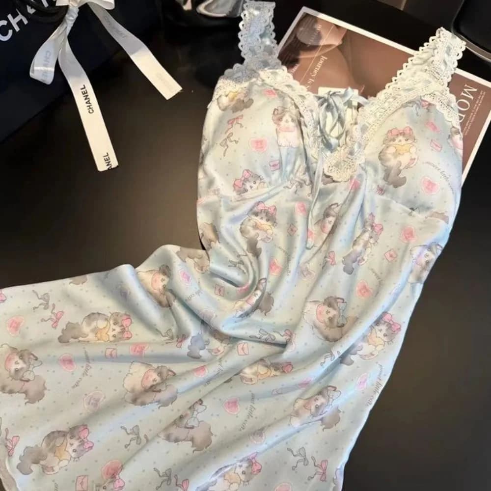 Nouvelle Arrivée Été : Robe de Nuit Courte en Soie Glacée pour Femme, Style Doux et Mignon, Imprimé 