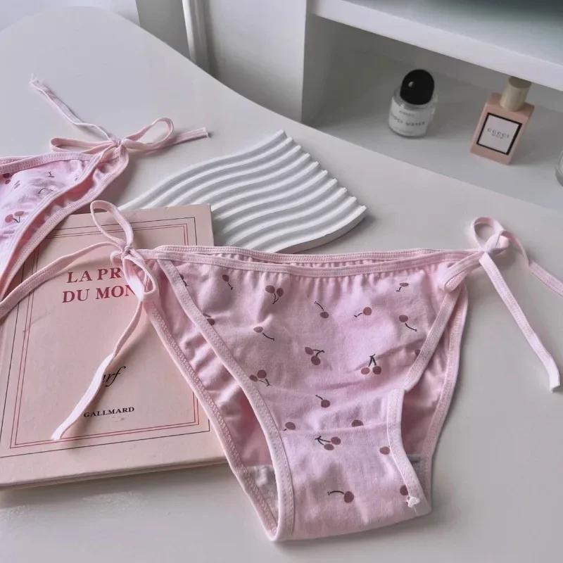 Culottes en coton à motif de cerises, style Lolita, pour femmes, sexy, blanches et roses, avec laçag
