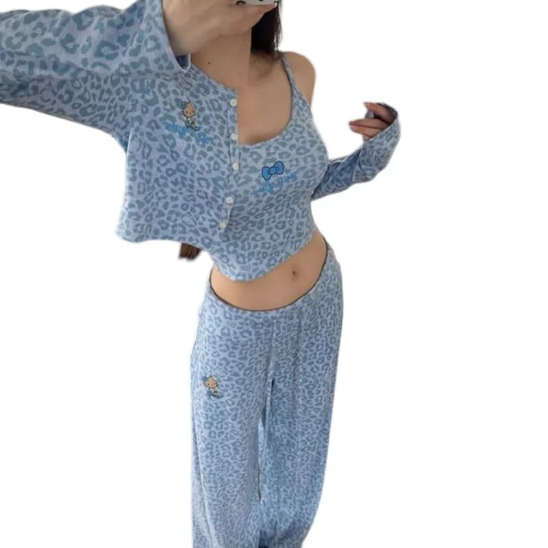 Ensemble pyjama 3 pièces Hello Kitty pour femme, imprimé léopard, avec soutien-gorge intégré, camiso