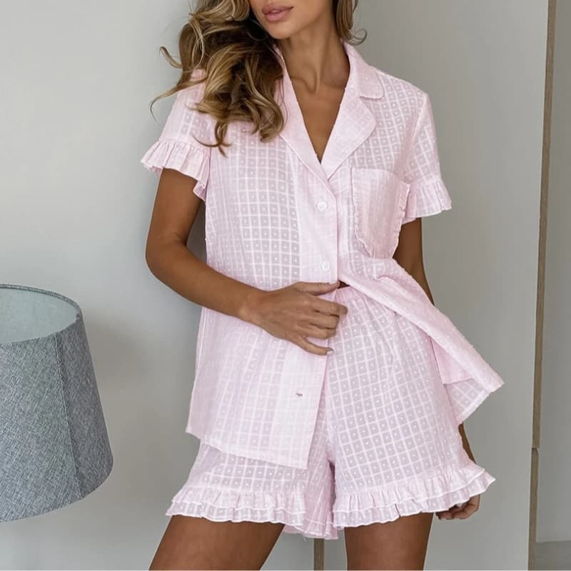 Ensemble pyjama deux pièces en coton jacquard à carreaux roses avec short à volants, chemises à manc