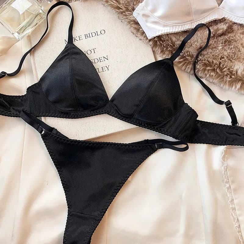 Ensemble de sous-vêtements sexy en soie pour femmes, soutiens-gorge sans fil, bralette française, so