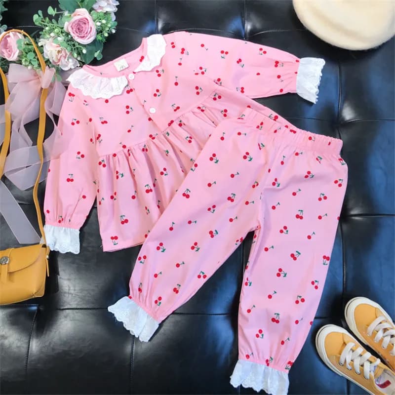 Ensemble de pyjama en dentelle pour bébé fille, chemise et pantalon en coton, vêtements de nuit pour