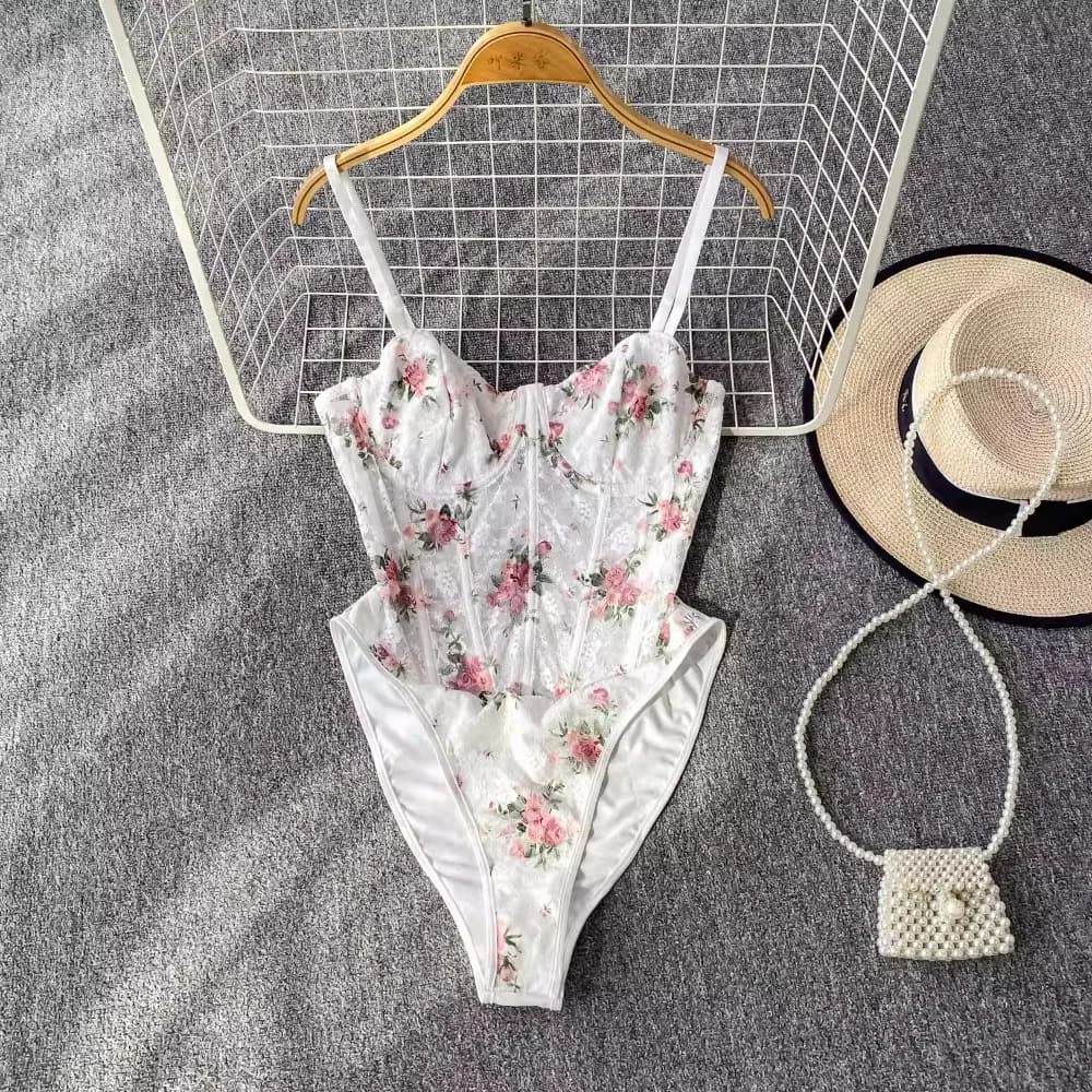 Foamlina européen blanc doux Floral Bandeau licou body haut femmes été arête de poisson taille cintr