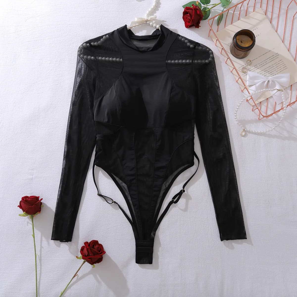 Combinaisons moulantes noires à manches longues pour femmes, combinaisons transparentes sexy, hauts 