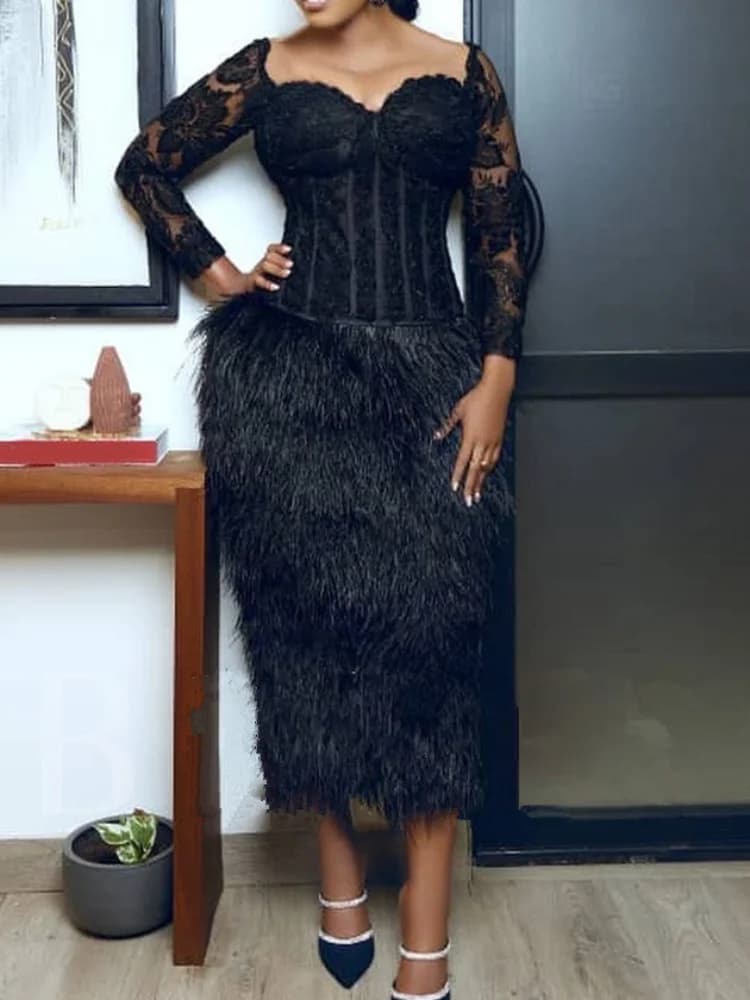 Robes mi-longues en fausse fourrure noire avec corset, manches longues, col en cœur, hors tambour ro