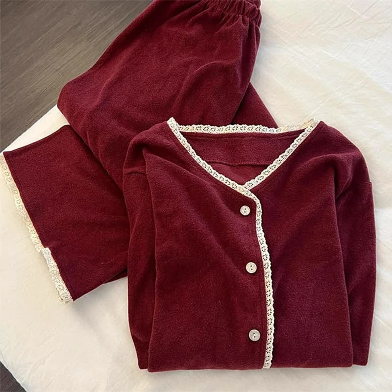 Ensemble pyjama rouge avec pantalon pour femme, épais et chaud, en velours, décontracté, manches lon