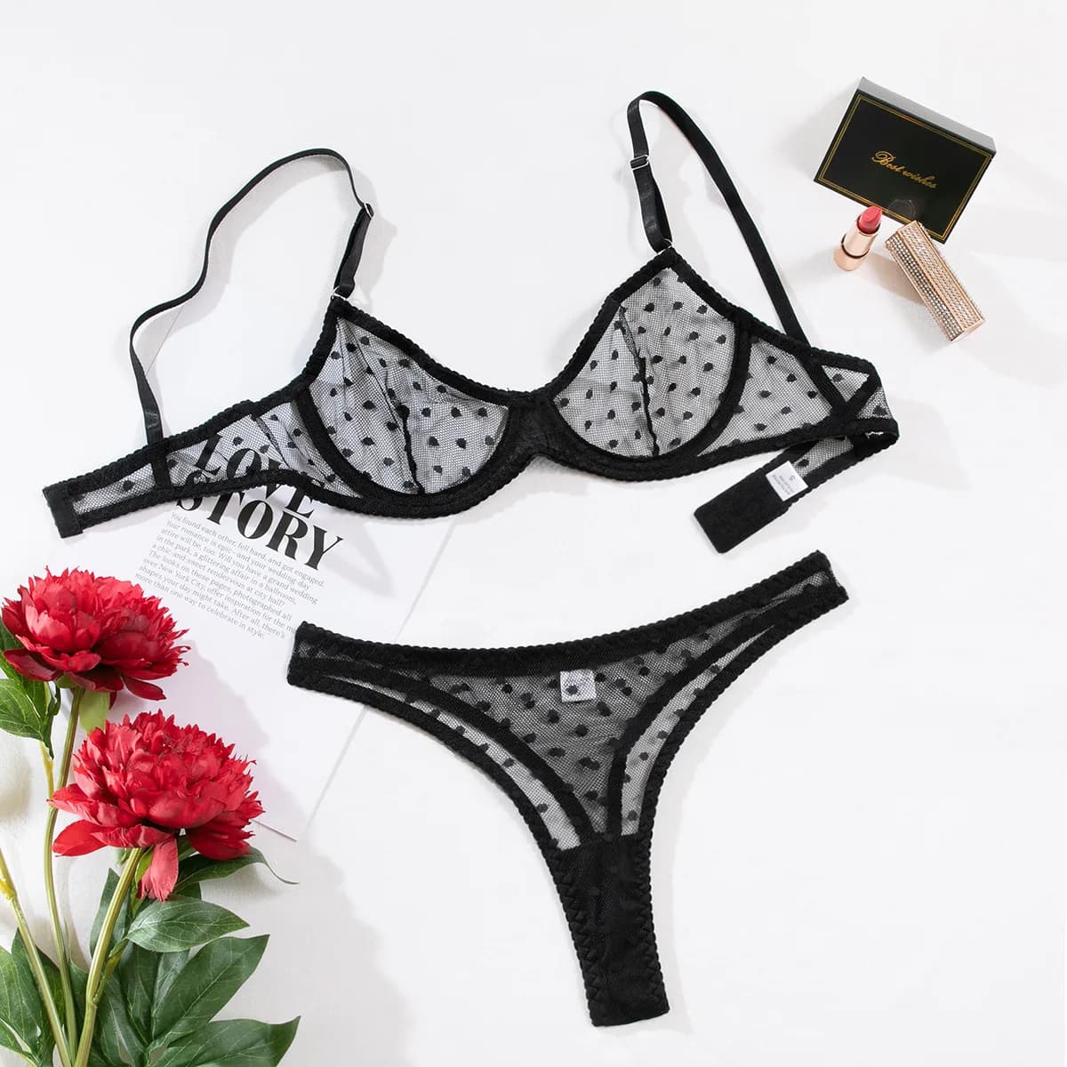 Ensemble soutien-gorge et culotte en maille fine pour femmes, sexy, transparent, moulant, tailles 13
