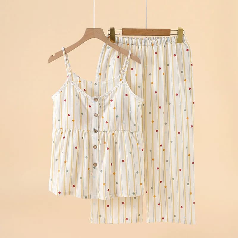 Pyjama en gaze Double couche de coton 2025 pour femmes, coussin de poitrine, pantalon à bretelles, v