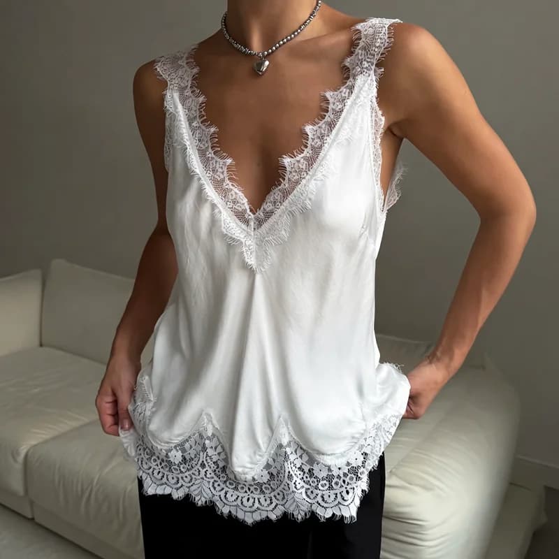 Hauts pour femmes Ticketsx : Nouveauté d'été, style mode, en dentelle sexy, dos nu, col en V, patchw