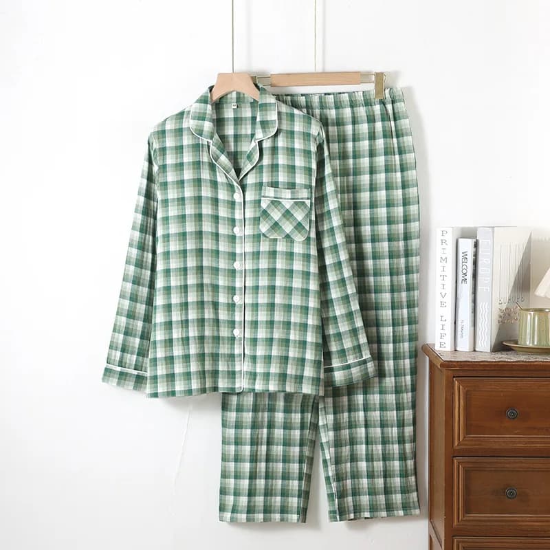 Ensemble pyjama Double couche en gaze de coton imprimé à carreaux pour Couples, vêtements de nuit po