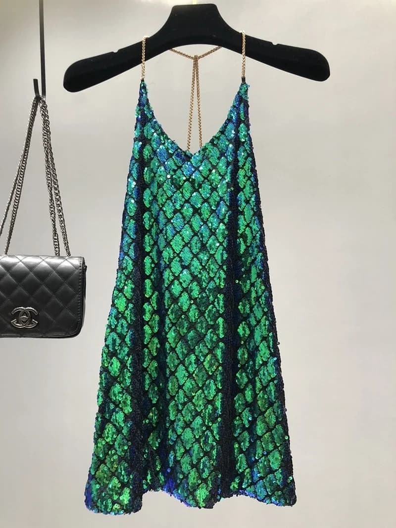 Robe dos nu à paillettes avec bretelles initiées, robe de soirée sexy, jupe de vacances, col en méta