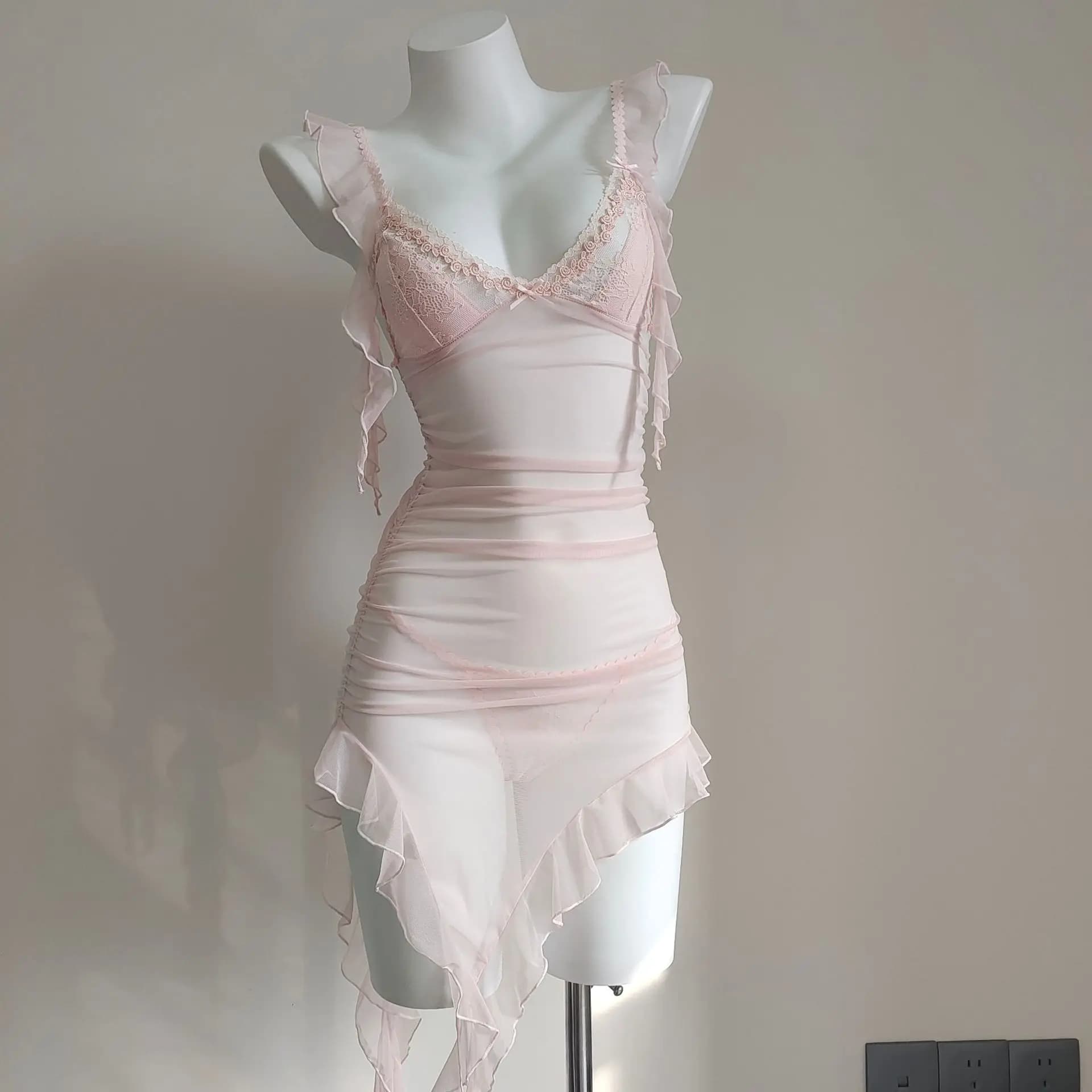 Robe de nuit à bretelles pour femmes, nouveau Design, plis irréguliers, maille fine transparente, co