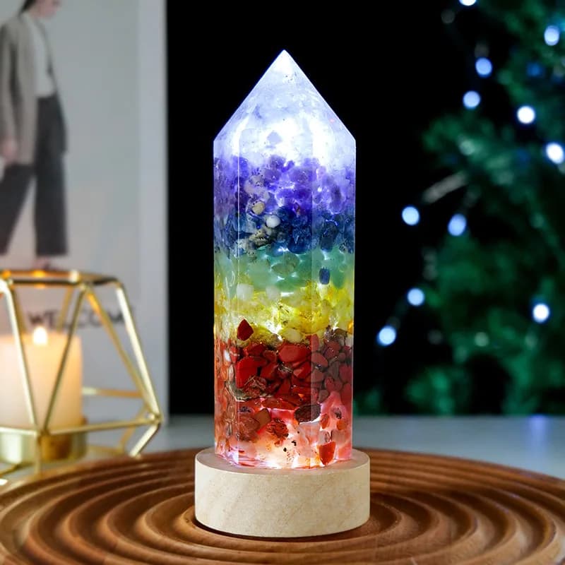 Colonne de cristal Led veilleuse USB bois Base lumineuse 7 Chakra Orgonite gravier résine obélisque