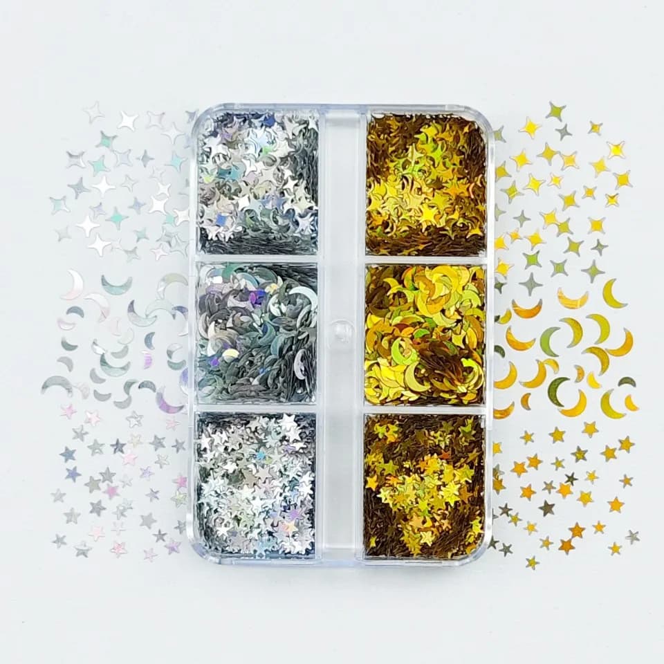 6 grilles brillant Nightsky ongles ornement flocons Chrome Holo argent or étoiles paillettes ensembl
