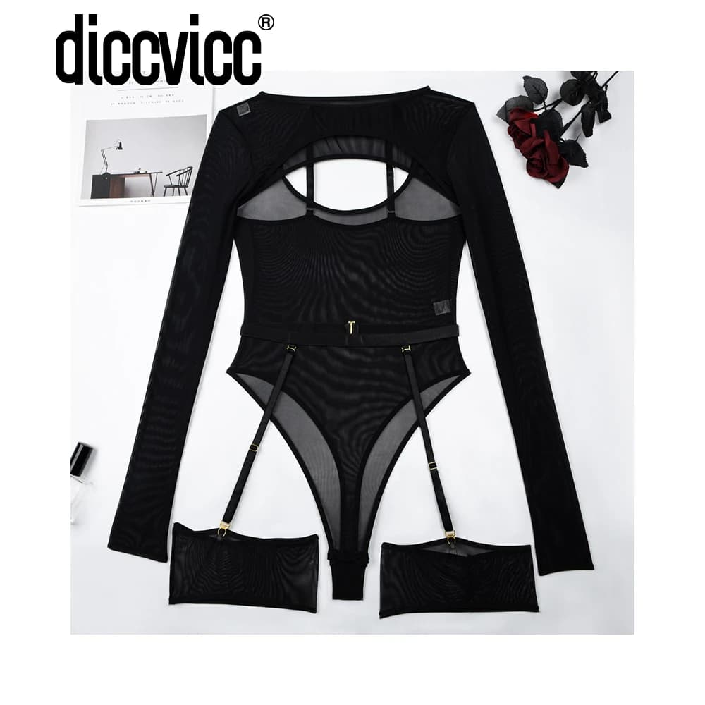 Diccvicc-Body Lingerie à manches longues en dentelle transparente pour femme, costume de batterie fi