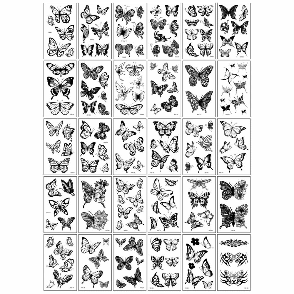 30 feuilles de tatouages temporaires papillon noir pour femmes, autocollants de tatouage imperméable