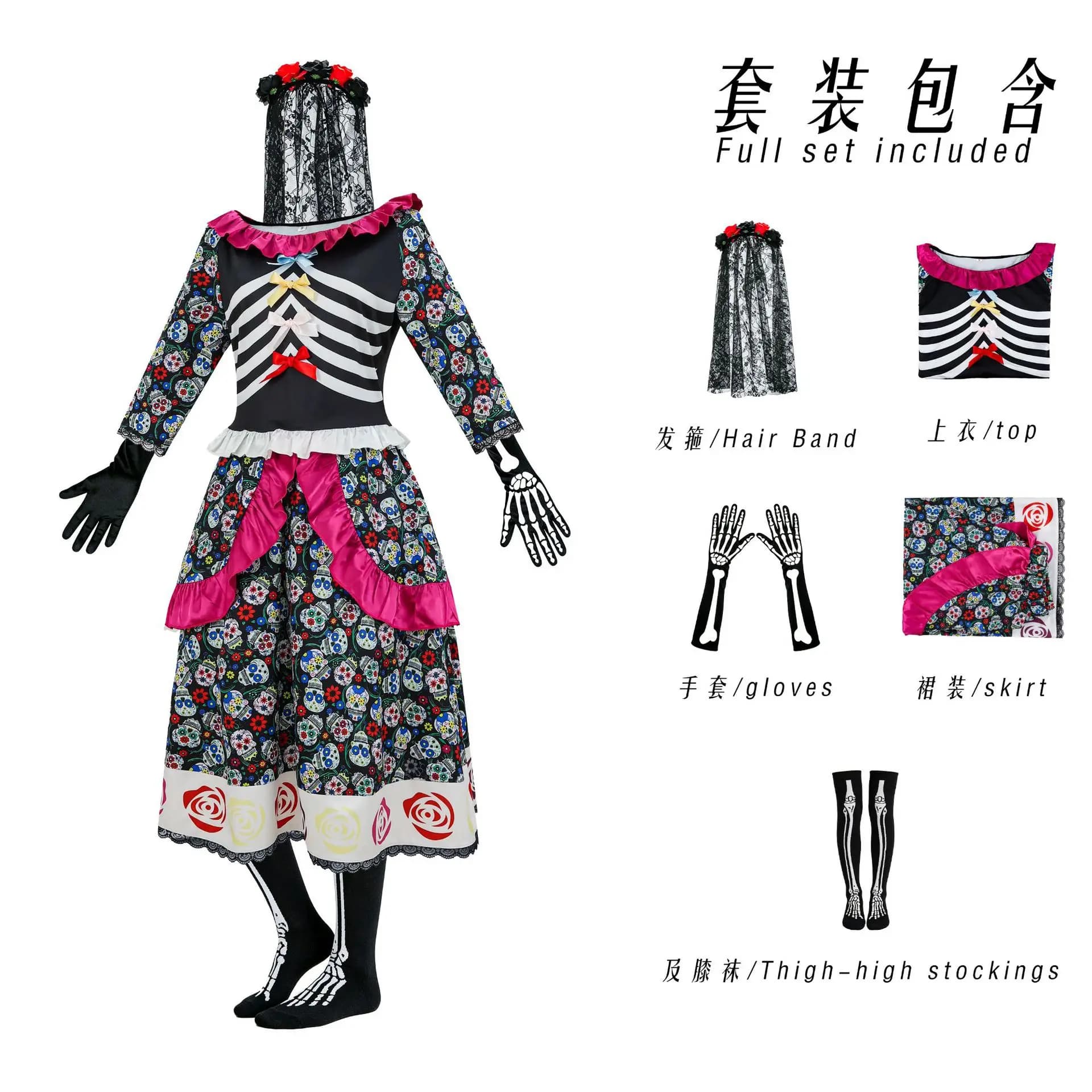 Costume mexicain Día de los Muertos pour femmes, robe à imprimé floral de crâne, motif squelette, en