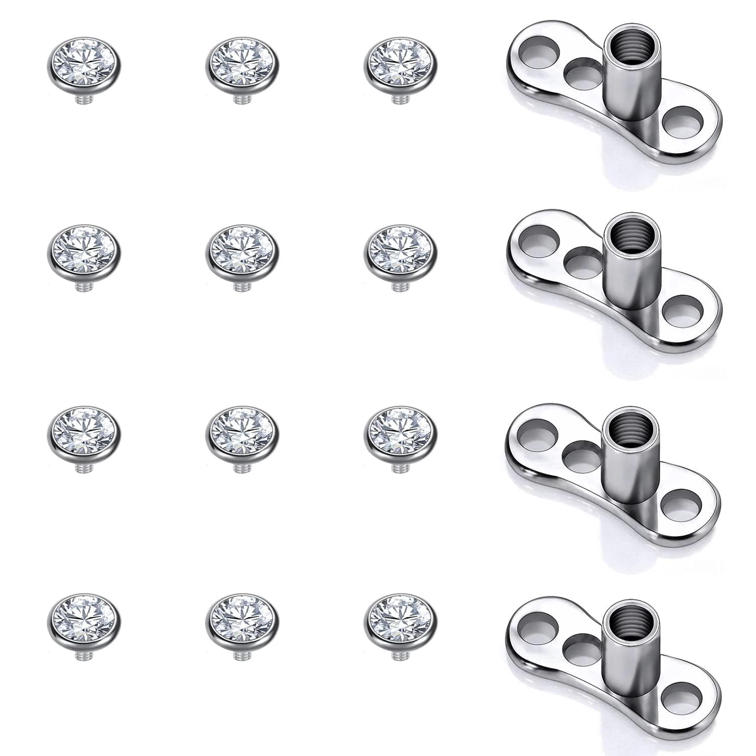 16 pièces ancre cutanée en cristal hauts 3-6mm 14G Base de peau de perçage de Surface en acier chiru