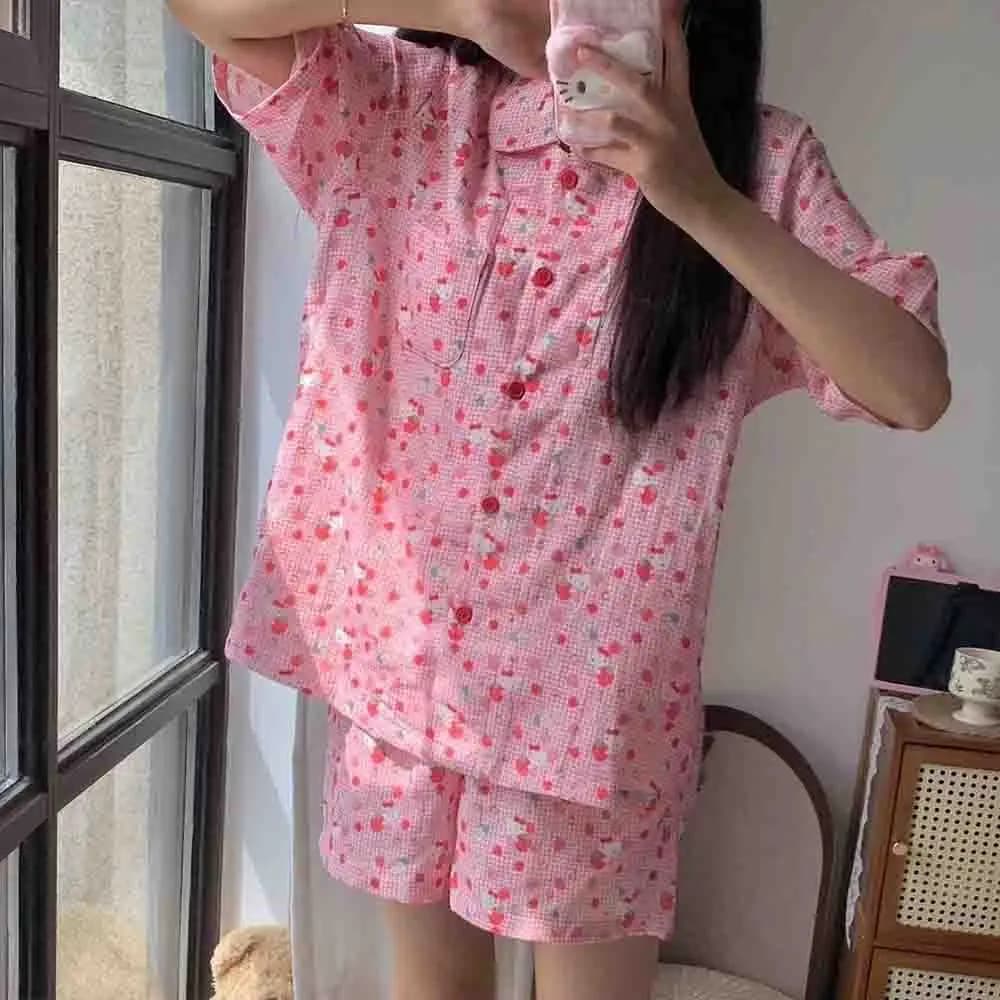 Pyjama pour femmes Hello Kitty, été, nouveau, en coton nuage, manches courtes, shorts, vêtements de