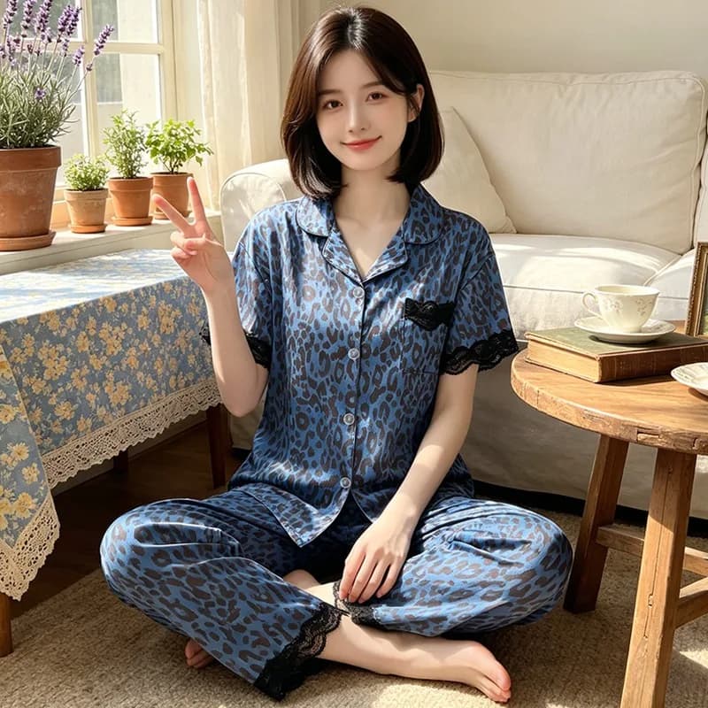 Ensemble de pyjama pour femme, luxe français, imprimé léopard, broderie lettre V, été 2026, pyjama d