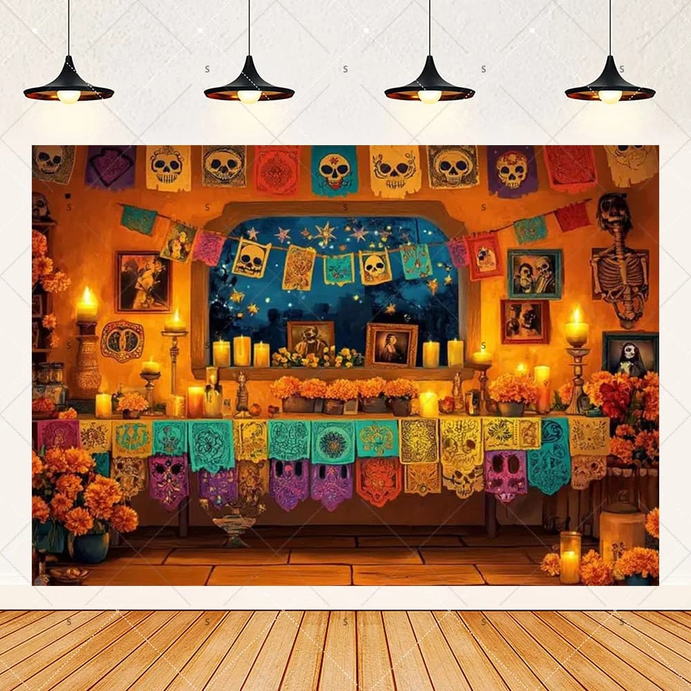 Décor de fond pour le Carnaval mexicain et le Jour des Morts, motif floral coloré et crâne, pour la 