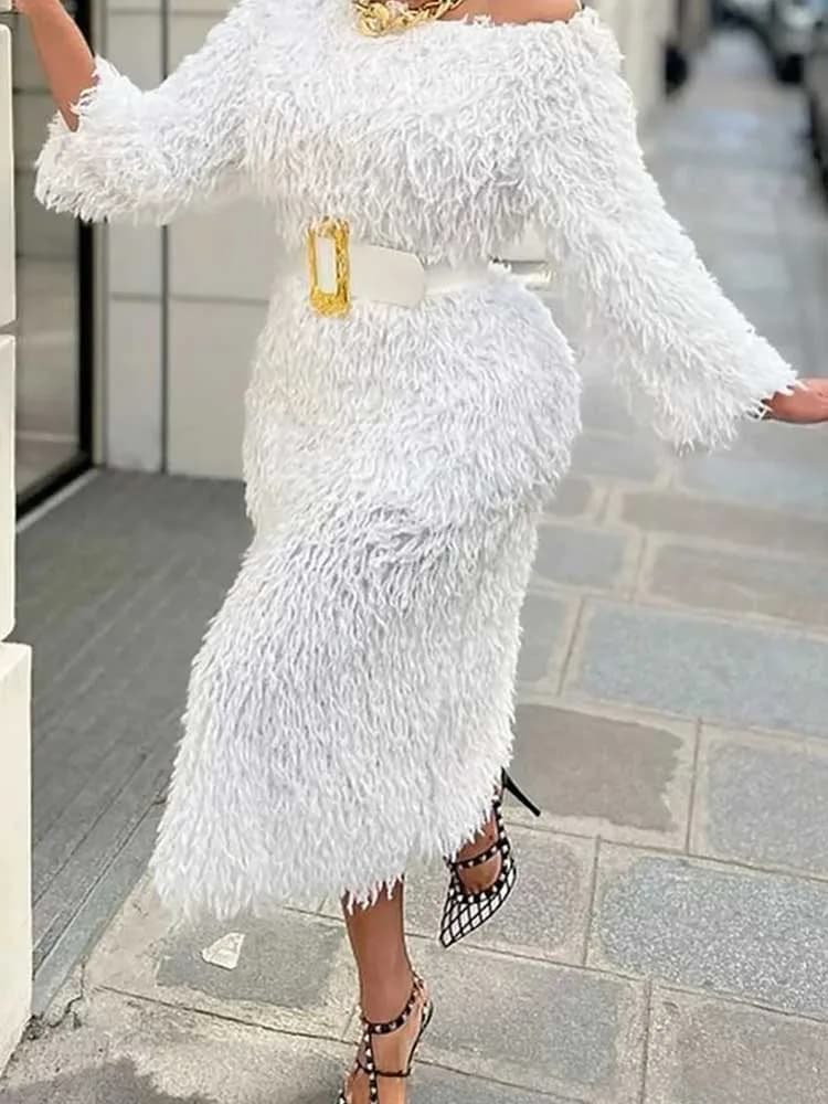 Robe de soirée d'hiver pour femme, manches longues, épaules dénudées, blanche, élégante, avec ceintu
