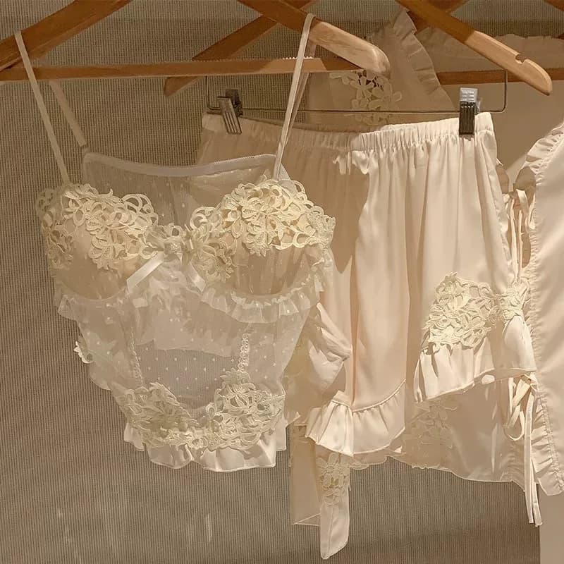 Ensemble pyjama 4 pièces pour femmes, vêtements de maison élégants, vêtements de nuit en Satin soyeu