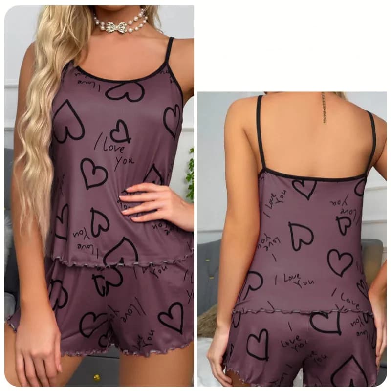 Ensemble de pyjama imprimé en forme de cœur pour femmes, pyjama sexy, ensemble de short et de débard